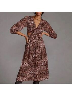 NWT Ranna Gill Anthropology Leopard Print Cutout Midi Dress - Brown XS